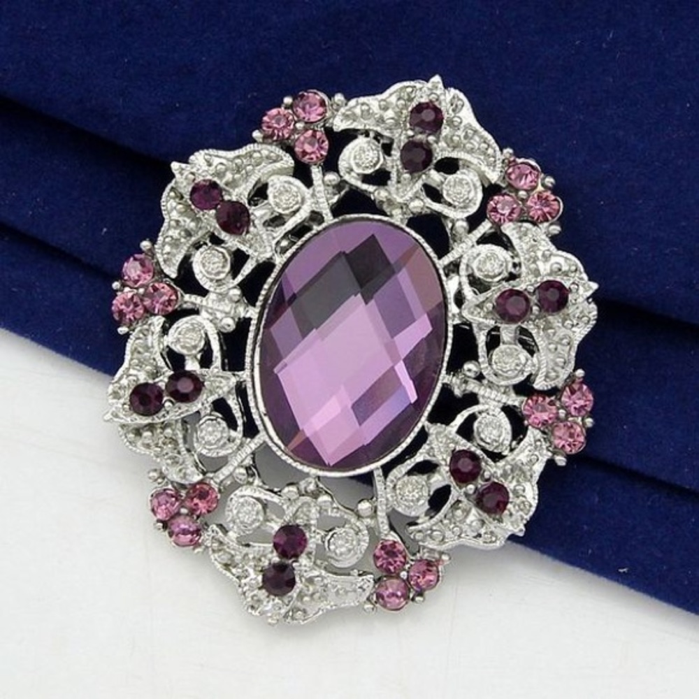 Silver and Purple Rhinestone Victorian Style Brooch Pin